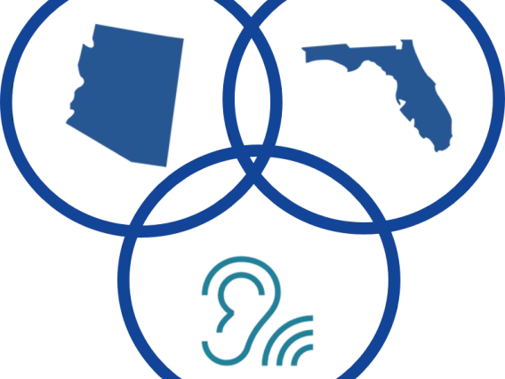 H3 Logo--three rings: one with the state of Arizona, one with the state of Florida and a cartoon drawing of an ear with sound waves beside it. 