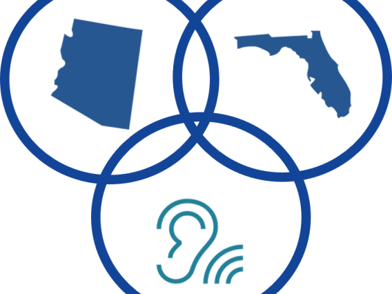 H3 Logo--three rings: one with the state of Arizona, one with the state of Florida and a cartoon drawing of an ear with sound waves beside it. 